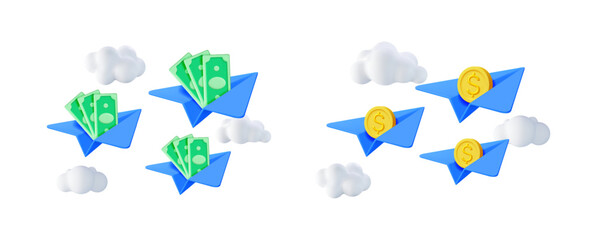 Paper planes carrying dollar bills and coins. Financial transaction via air. Global money transfer and fund delivery.