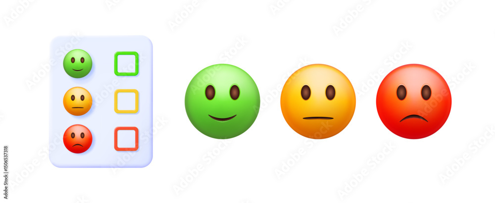 Poster 3d vector rating scale with checkboxes and emoticons. customer feedback review system from happy to 