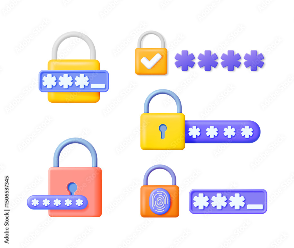 Poster vector 3d illustration set of various colorful padlock icons with password fields. security and priv