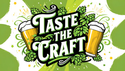 Vibrant illustration of 'Taste the Craft' with two beer glasses and hops, perfect for breweries, beer festivals, or craft beer advertisements. Green and yellow color scheme.