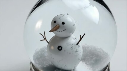 Festive winter globe with smiling snowman figure inside. Christmas and new year holidays decoration with snow flakes, sphere glass and silver base on white background. - Powered by Adobe