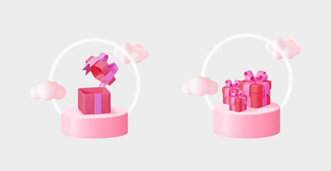 Vector 3D illustration set with present box opening and gift boxes on pink podium. Marketing concept for holiday promotion.