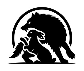 Obraz premium Wolf Biting Rabbit Silhouette Logo