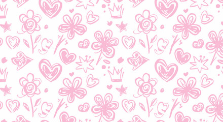 Pink Doodle Dream: Seamless Floral and Heart Pattern