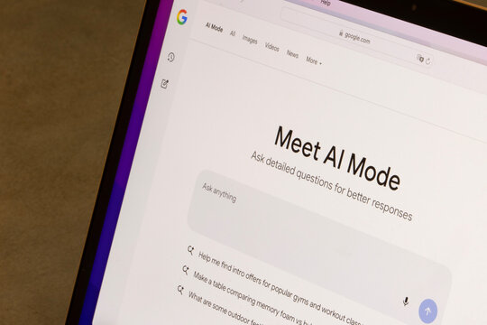 Portland, OR, USA - May 26, 2025: The AI Mode in Google Search, seen on the screen of a computer. AI Mode helps users search more effortlessly by combining the capabilities of Gemini 2.0.