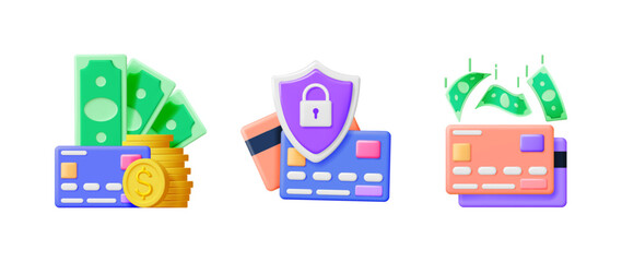 Fototapeta premium Money and credit card assets 3d icon set. Online payment and financial security concept. Digital transaction and banking illustration.