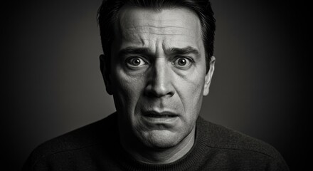 Portrait of a man displaying fear and anxiety in a dramatic black and white setting