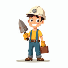 Happy Young Builder Holding Trowel and Bricks – Cartoon Construction Worker