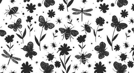 Whimsical Insect and Floral Pattern in Monochrome