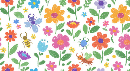 Whimsical Floral Meadow: Hand-Drawn Flowers and Bugs
