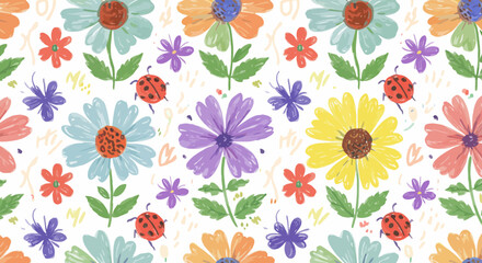 Colorful Floral and Ladybug Pattern, Hand-Drawn Style