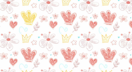 Whimsical Princess Pattern: Crowns, Hearts, and Floral Dreams