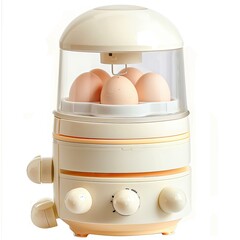 A stylish egg cooker with a transparent lid and four eggs inside. on white background