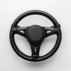 A top-down view of a black steering wheel, commonly used in vehicles for navigation. on white background
