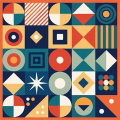 Geometric pattern vector background with Scandinavian abstract color or Swiss geometry prints of rectangles, squares and circles shape design