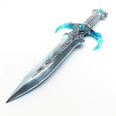 A beautifully designed fantasy sword with intricate details and a glowing blue accent. on white background