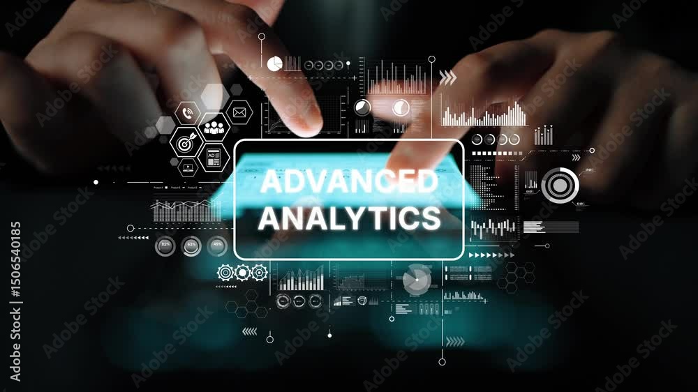 Poster advanced analytics concept with digital interface and data visualization elements for business intel