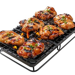 Grilled chicken pieces on a barbecue grill, showcasing a delicious meal preparation. on white background