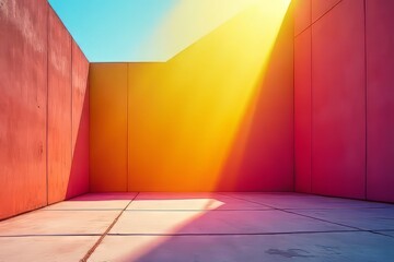 Vibrant Colorful Concrete Walls and Sunlight Rays in a Modern Architectural Space