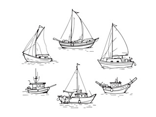 hand drawn fishing boat line art for commercial use