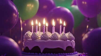 Purple birthday cake with white frosting and glowing candles in front of festive purple and green balloons, celebration setup with vibrant party decor