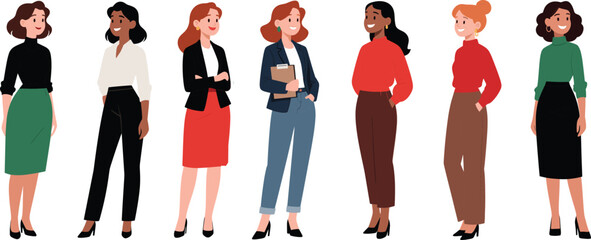 Diverse professional women standing together in modern business attire, smiling confidently, teamwork concept, office environment, corporate diversity,businesswoman vector illustration set