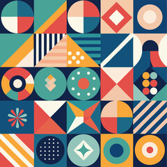 Geometric pattern vector background with Scandinavian abstract color or Swiss geometry prints of rectangles, squares and circles shape design