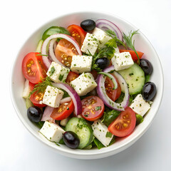 A natural and vibrant Greek salad, isolated on a white background, featuring crisp vegetables, olives, feta cheese,