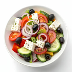 A natural and vibrant Greek salad, isolated on a white background, featuring crisp vegetables, olives, feta cheese,