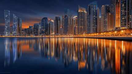 Fototapeta premium Cityscape Reflection at Twilight: A breathtaking scene of a modern metropolis unfolds at dusk, its illuminated skyscrapers mirrored flawlessly in tranquil waters.