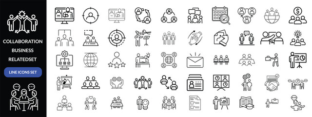 Collaboration icon set. Business related line icons teamwork, meeting, partnership, work group, business people, conference, presentation and more. Editable stroke. Vector illustration design 