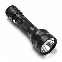 A sleek, black flashlight designed for illumination in dark environments. on white background