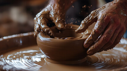 A potter's hands expertly shape a bowl of clay on a spinning wheel, the rich brown clay glistening with moisture.  The scene is one of focused creation and earthy textures.