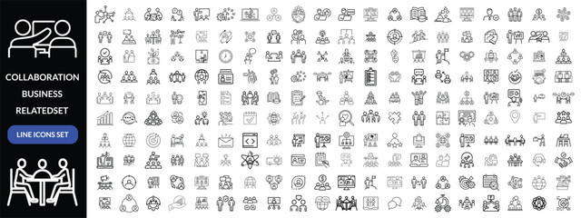 Collaboration icon set. Business related line icons teamwork, meeting, partnership, work group, business people, conference, presentation and more. Editable stroke. Vector illustration design 