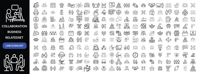 Collaboration icon set. Business related line icons teamwork, meeting, partnership, work group, business people, conference, presentation and more. Editable stroke. Vector illustration design 