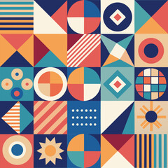 Geometric pattern vector background with Scandinavian abstract color or Swiss geometry prints of rectangles, squares and circles shape design