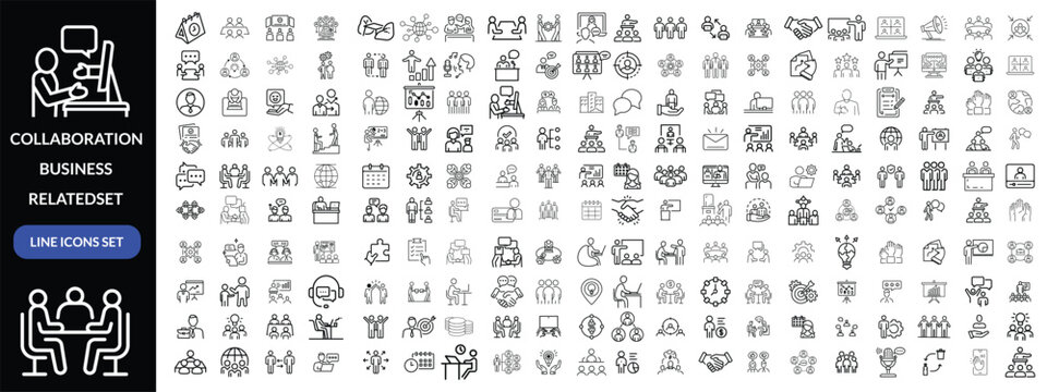 Collaboration icon set. Business related line icons teamwork, meeting, partnership, work group, business people, conference, presentation and more. Editable stroke. Vector illustration design 