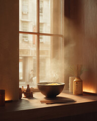 Bowl of ramen sits by window, comforting scene with soft light