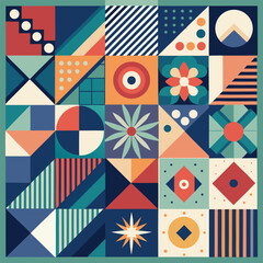 Geometric pattern vector background with Scandinavian abstract color or Swiss geometry prints of rectangles, squares and circles shape design