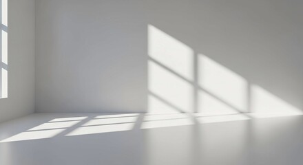 Obraz premium Minimalist empty room with geometric sunlight patterns and shadows from a window on white walls