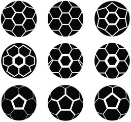 Obraz premium Nine stylized soccer ball designs in a geometric black and white arrangement on a plain white background.