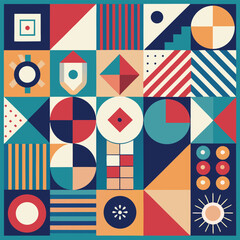 Geometric pattern vector background with Scandinavian abstract color or Swiss geometry prints of rectangles, squares and circles shape design