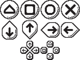 Button glitch cross triangle square circle direction joystick line bold shadow right icon black-white vector pixel art icon