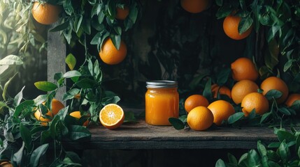 A jar of orange juice sits on a wooden shelf, surrounded by fresh oranges and lush green leaves, creating a vibrant rustic atmosphere