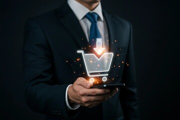 Digital Purchase & Mobile Commerce - Professional Holding Phone with Glowing Shopping Icon