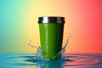 Vibrant Green Insulated Tumbler Dropping Into Water Splash