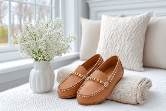 A neat pair of classic closed-toe loafers beside a bed