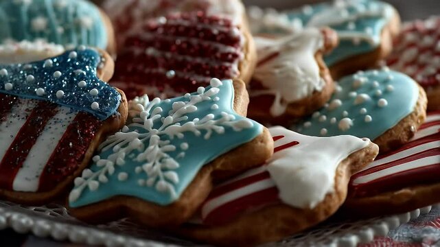 Assortment of festive cookies red white and blue icing winter holiday treats