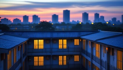 Urban Serenity Twilight Views of a Building Courtyard with Cityscape Skyline