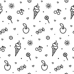Summer kid doodle seamless pattern with black outline drawing on transparent background. Fun icons, childish drawings of ice cream, candy, apple, cherry, sun isolated on white background.